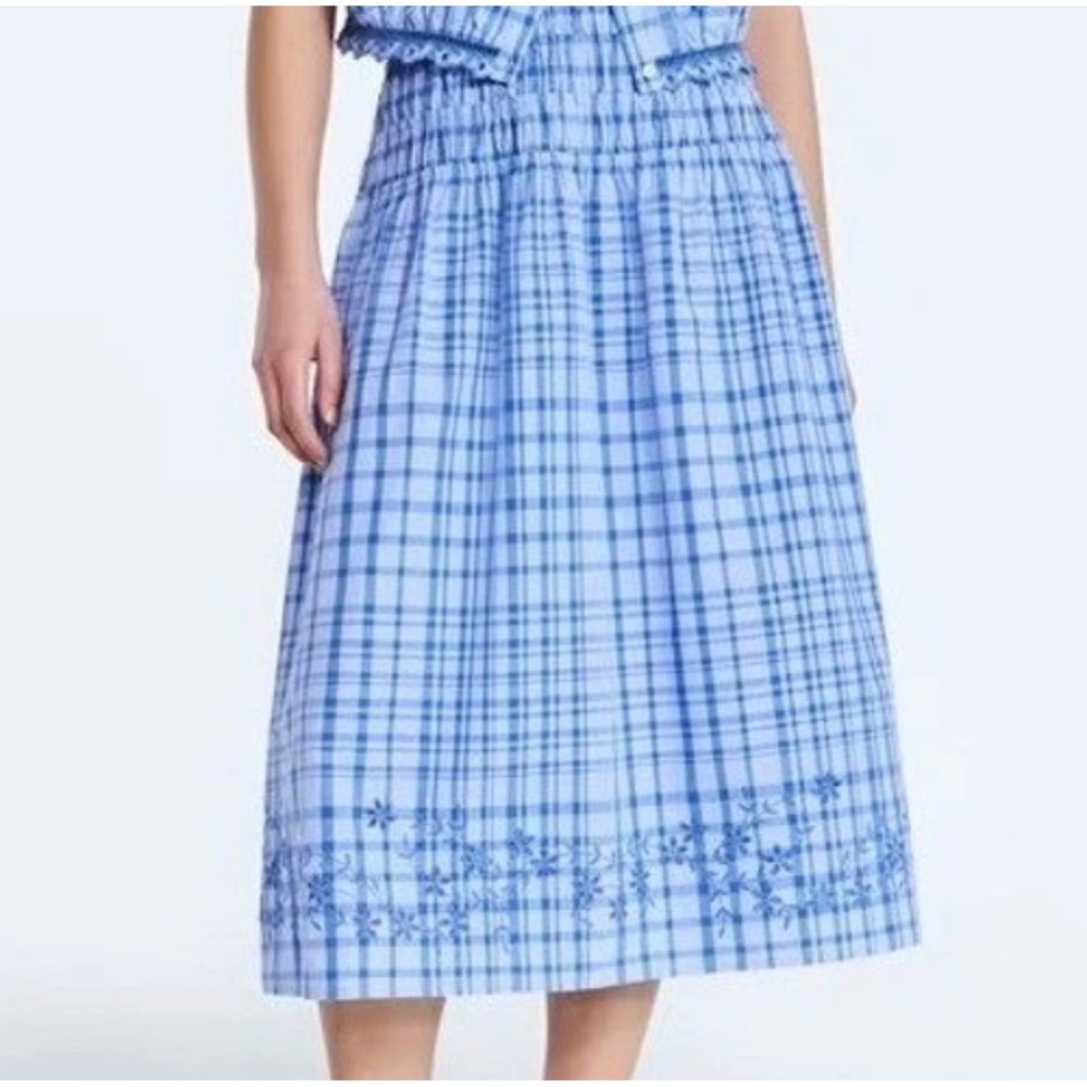 Free Assembly XL 16-18 Blue Plaid Smocked Waistband Embroidered Hem Cottagecore